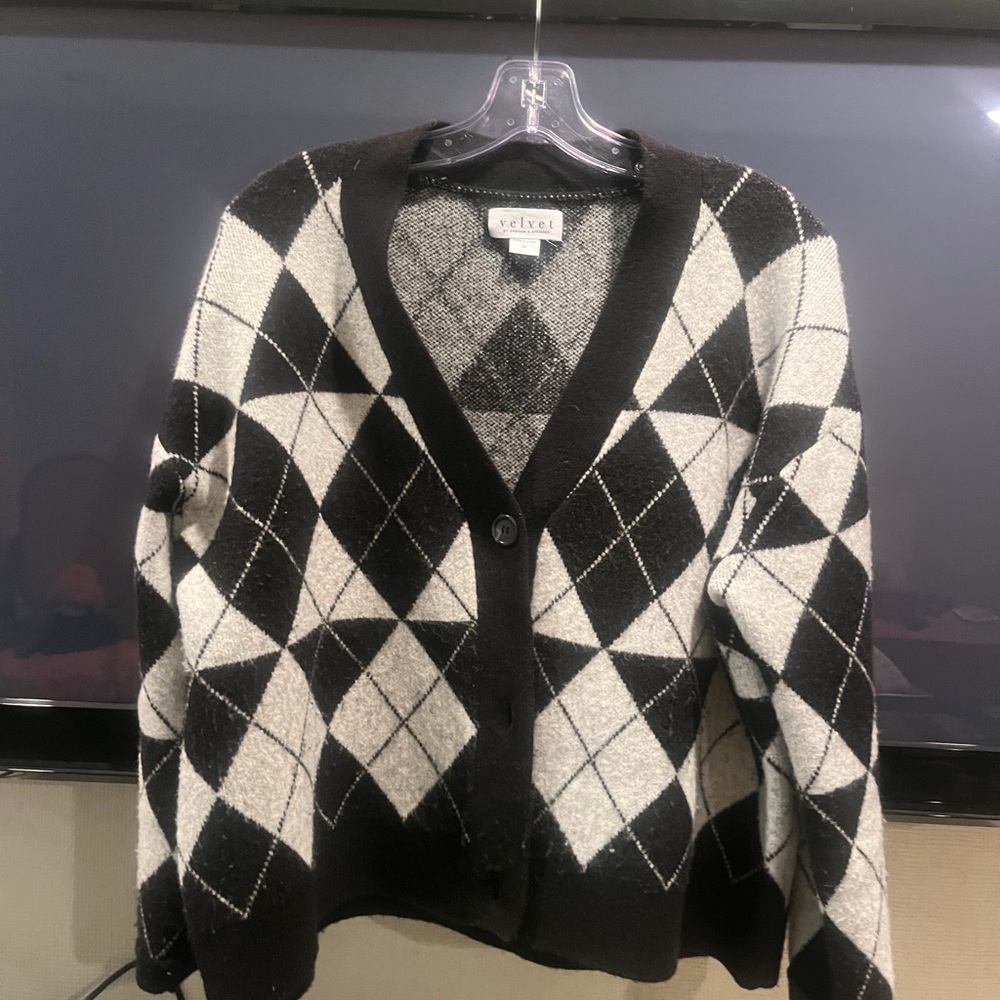 Velvet Black & White Argyle V-Neck Cardigan